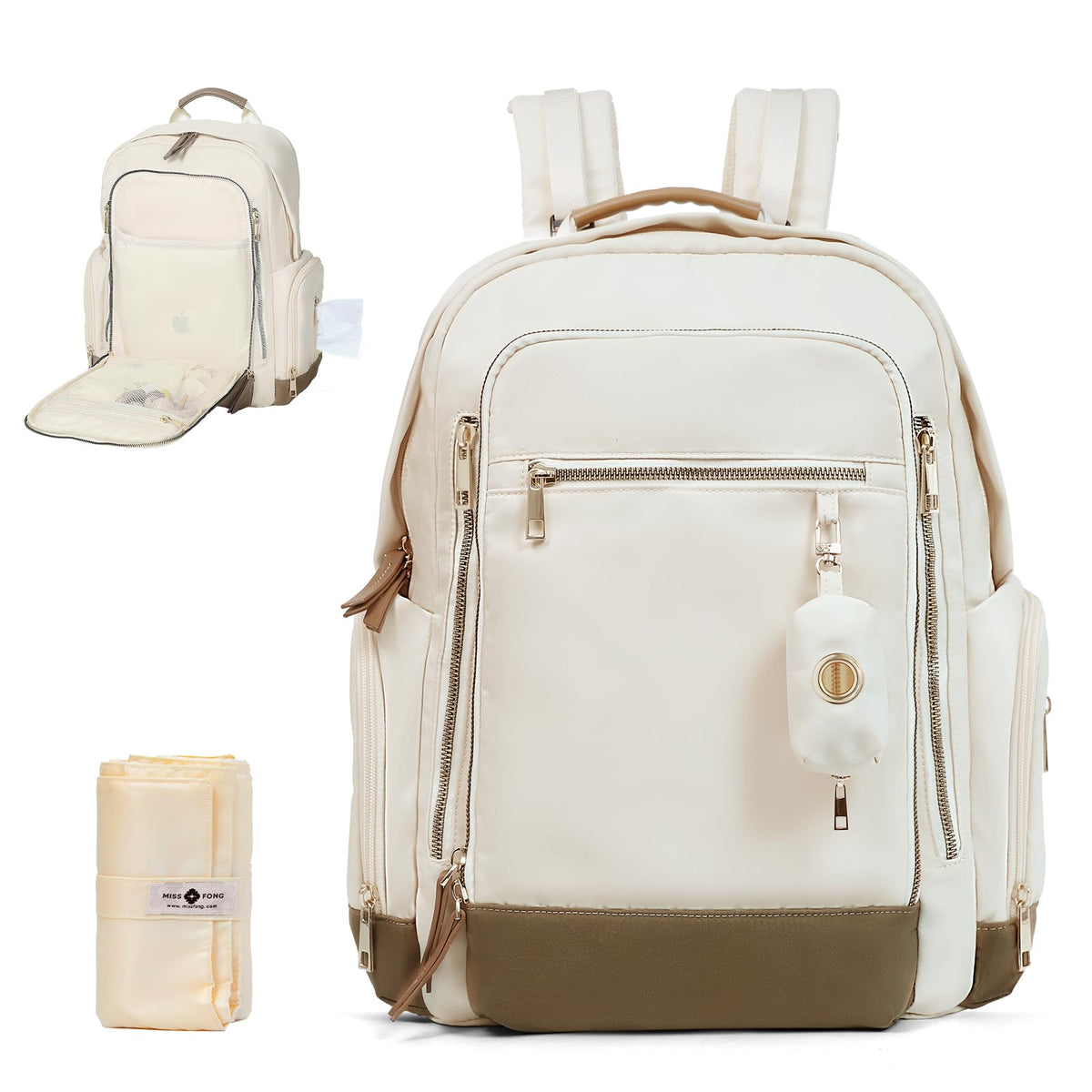 16-Pocket Diaper Backpack with Bag Dispenser — Off-White