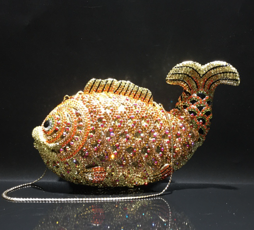 Goldfish Rhinestone Evening Clutch with Chain Strap